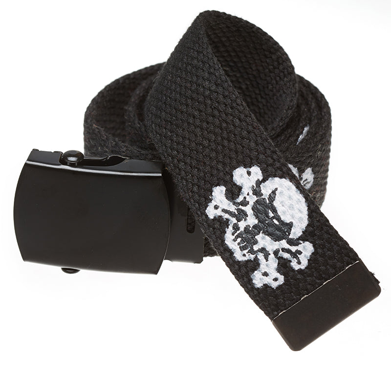 Military Style Web Belt with Black Buckle, Skull and Crossbones (Per Dozen)